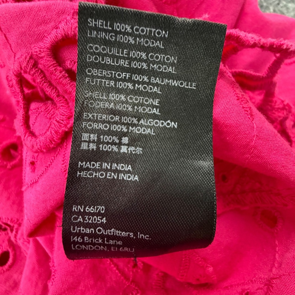 Anthropologie Hot Pink Eyelet Mini Dress Short Puff Sleeve Cotton Tiered Size L - Picture 8 of 13